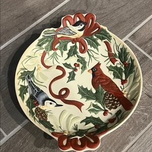 Lenox Winter Greetings Display or handled Candy Dish birds cardinal holly berry